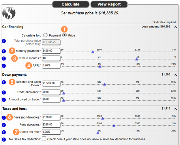 Let’s say, for example, you have a monthly budget of $400, don’t want to be on the hook for longer than 48 months, and have $1,500 down payment set aside. You’d need to follow these steps in the calculator to find the maximum price you can afford.
1.	Select Price.
2.	Enter $400 into Monthly Payment. 
3.	Type 48 into Term in months.
4.	If you know a lender’s rate or have a pre-approval, enter it in APR. 
a.	In this case, we’re using an 8.26% rate which could be found at Texas Bay.
5.	Type $1,500 into Rebates and Cash Down.
a.	We don’t have a trade in for this example, but you can enter this information into Trade allowance and Amount owed on trade if you do.
6.	While fees vary greatly between lenders, you can enter these in both Fees fields if you know them. 
a.	Taxable fees include loan origination and processing fees, while non-taxable fees include title and lien fees, UCC filing fees, and registration fees.
b.	In this case, we included average fee totals for loans in Texas.
7.	Enter 6.25% in Sales tax rate for RVs purchased in Texas.