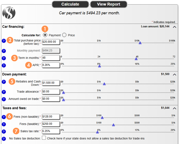 Let’s say your monthly budget, fees, rate, and ideal repayment term are the same as in the first example. You’ve found the perfect RV, but it’s $20,000 and you don’t know if the financing options fit your budget.
Select Payment and enter the Total purchase price on the listing. Then, follow the rest of the steps from the first example above.